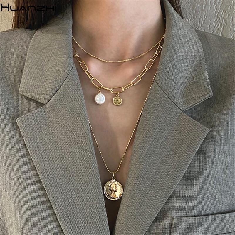 

HUANZHI 2021 New Baroque Natural Pearl Geometric Portrait Pendant Stacked Multilayer Clavicle Chain Necklace for Women Jewelry