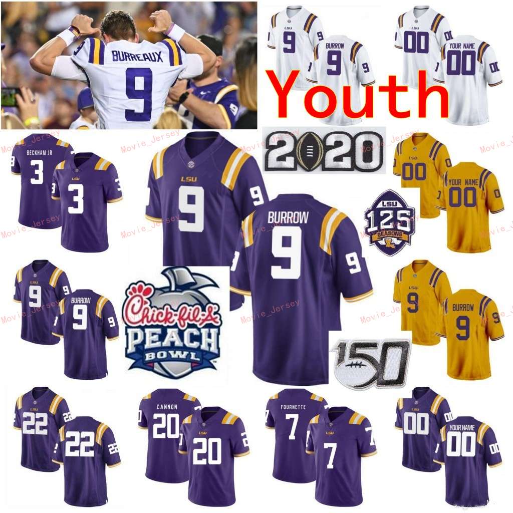 

Stitched Custom 7 Tyrann Mathieu 80 Jarvis Landry 9 Joe Burreaux Burrow 91 Beriden Fehoko LSU Tigers College Youth Kids Jerseys, Youth yellow