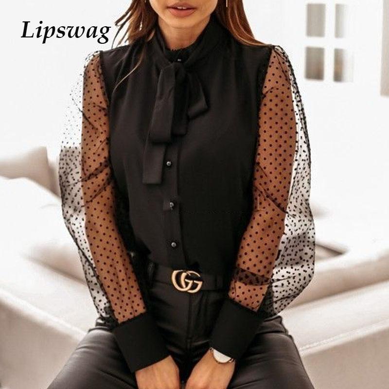

Autumn Office Lady Bowknot Button Blouse Sexy Patchwork Dot Lace Women Shirt Blusa Spring See-Through Mesh Long Sleeve Tops 2021, Polka dot black