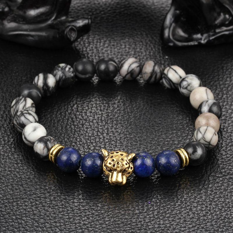 

Chakra Antique Silver Plated Male bracelet Lion Leopard Head Bracelet Femme Black Stone Beaded Bracelets For Men Women Jewelry