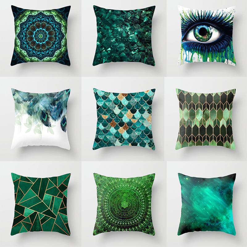 

45x45 Green Series Peach Skin Cushion Cover Eye Geometry Abstract Decorative Pillowcase for Sofa Bed Living Room Home Decoration, Green 2