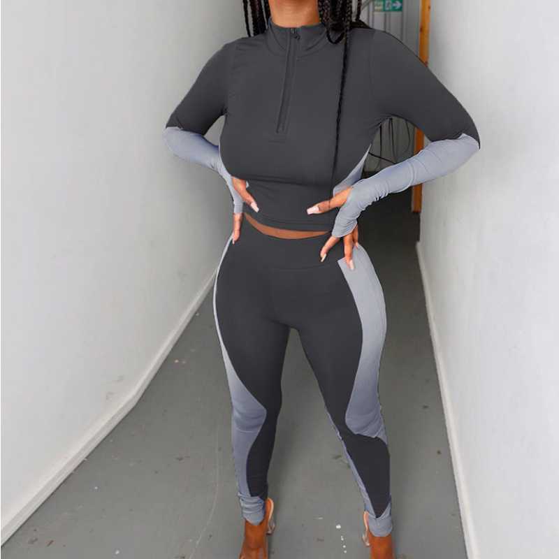 

Women' outdoor running suit long sleeve standing collar splicing hip lifting 2-piece Yoga suit gym training elastic set, Brown