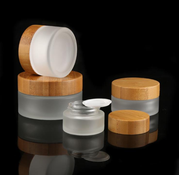 

Frosted Glass Cosmetic Jars Hand/Face/Body Cream Bottles Travel Size 20g 30g 50g 100g with Natural Bamboo Cap PP Inner Cover SN4470