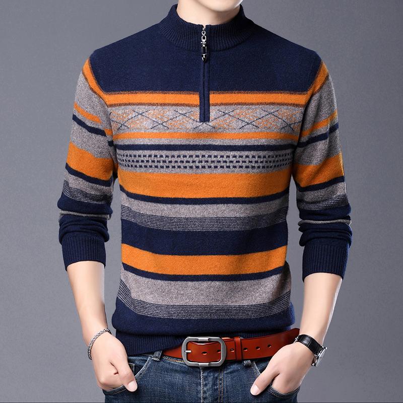 

Man Cashmere Zipper Sweater Autumn Winter Patchwork Striped Pure 100% Merino Wool Sweaters Soft Slim Fit Jumper Pullovers, Green