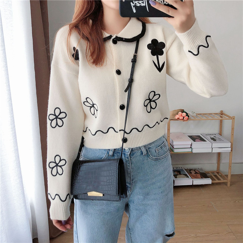 

2021 Korean Women's Jersey New Fall Long-sleeve Floral Release Short Cardigan Cozy Turtleneck Sweater Outwear Jumpers LCQJ, Lavender