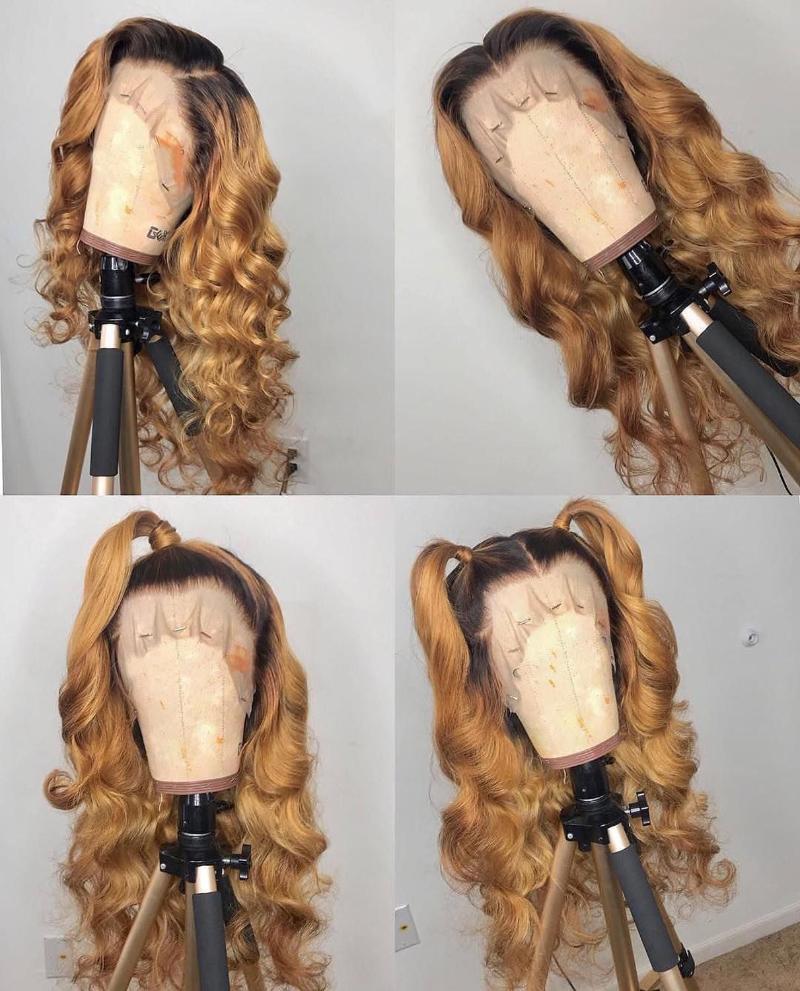 

1B/27 Ombre Color Lace Front Human Hair Wigs Boby Wave Brazilian Remy Wigs Pre Plucked Lace Closure For Black Women, Black;brown