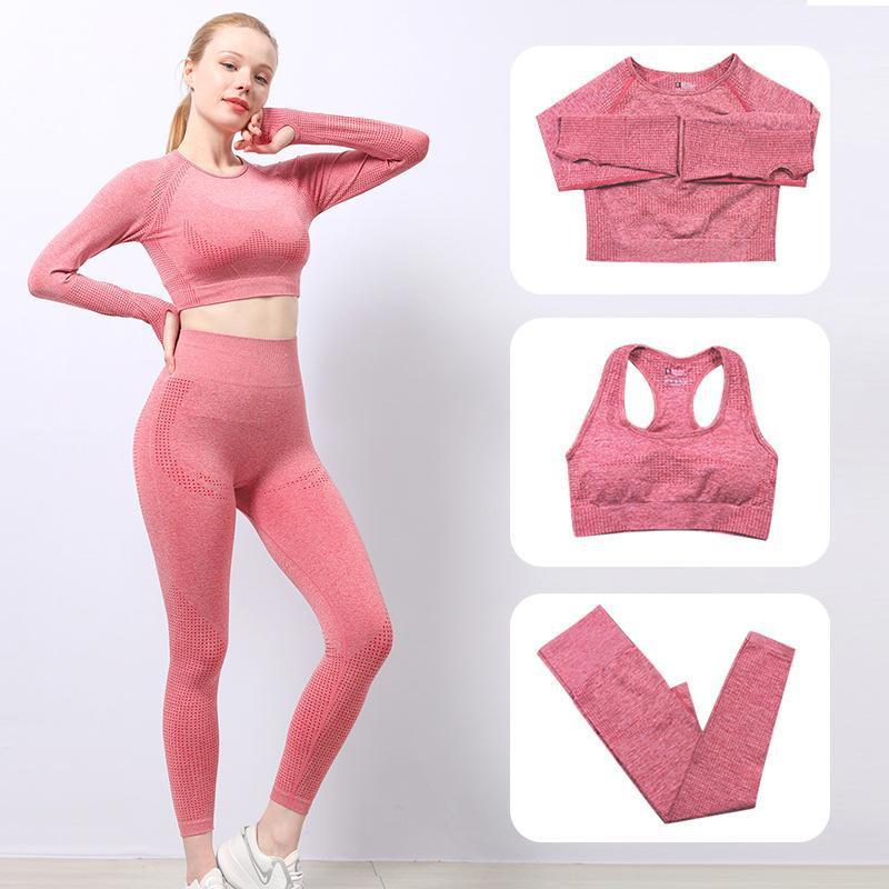 

3 Pcs Fitness Sports Tights Yoga Wear Three-piece Bra Long Sleeve Trousers Bra Seamless Yoga Wear Set Gym Clothes Women1, 01