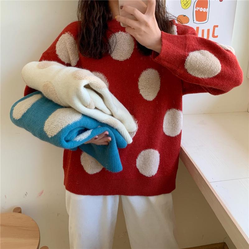 

Women's Sweaters Pullover Dot Printed Roun Neck Winter Clothes Warm Long Sleeve Jumpers Femme Womens Tops 2021 Autumn