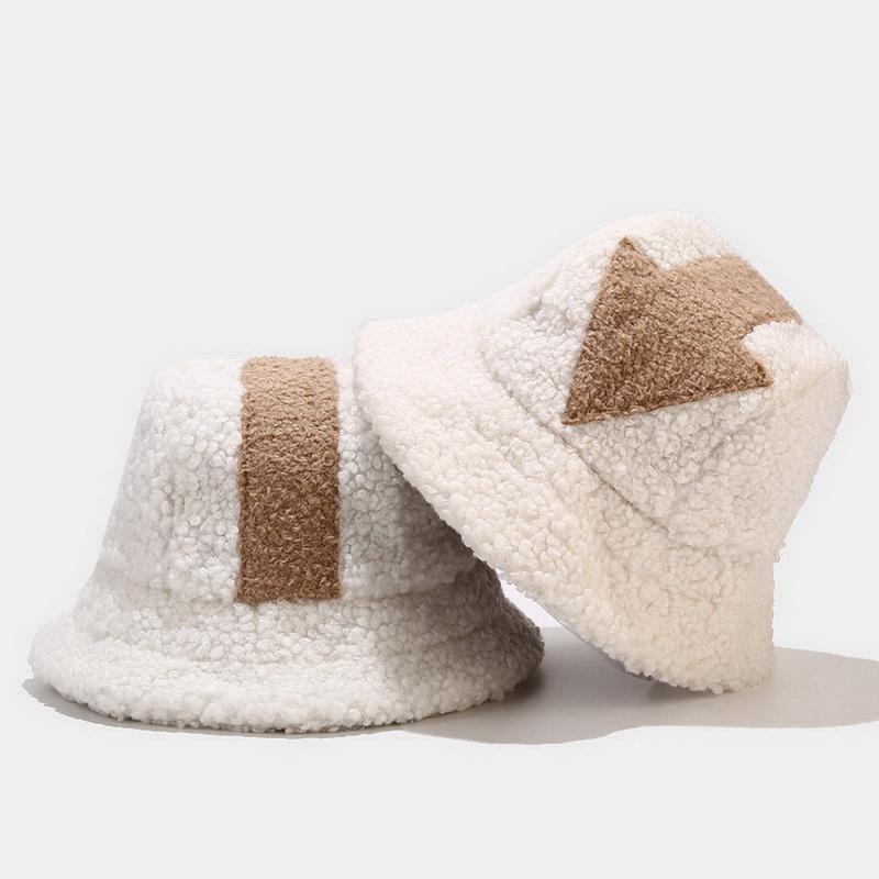 

bucket hat Lamb wool hat winter warm Fishing Caps Faux Fur Arrow Symbol Printed Bucket Men Women tide Flat Top Hats1