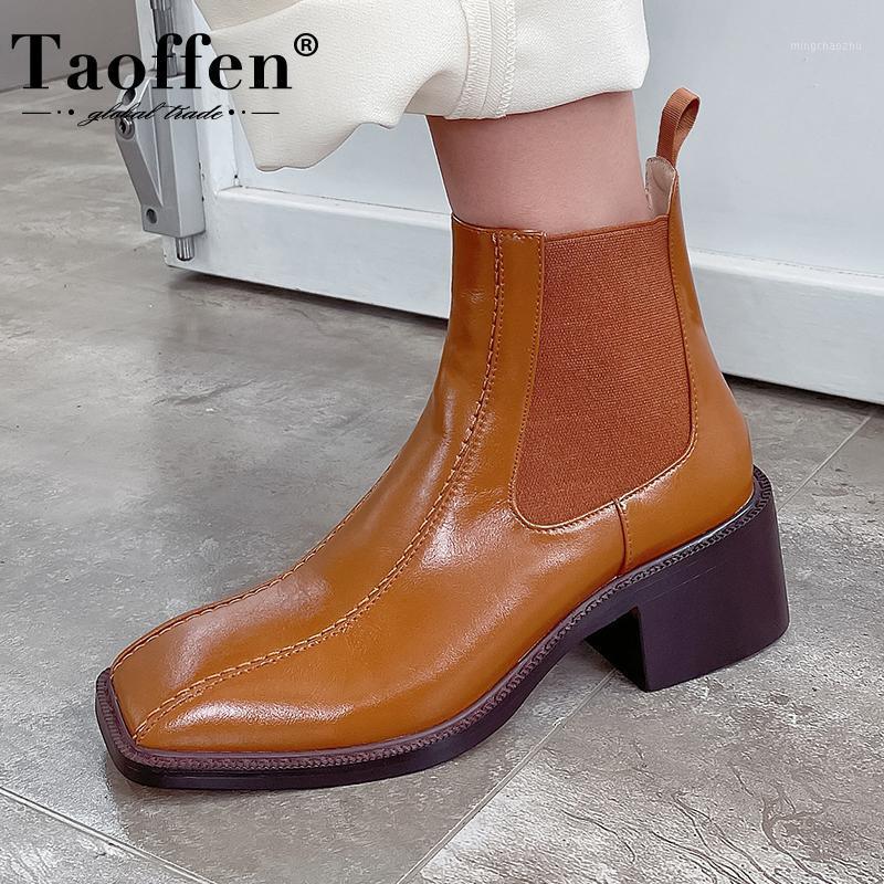 

TAOFFEN Women Ankle Boots Genuine Leather Square Toe Thick Heel Winter Shoes Woman Short Boot Office Lady Footwear Size 33-401, Brown without fur