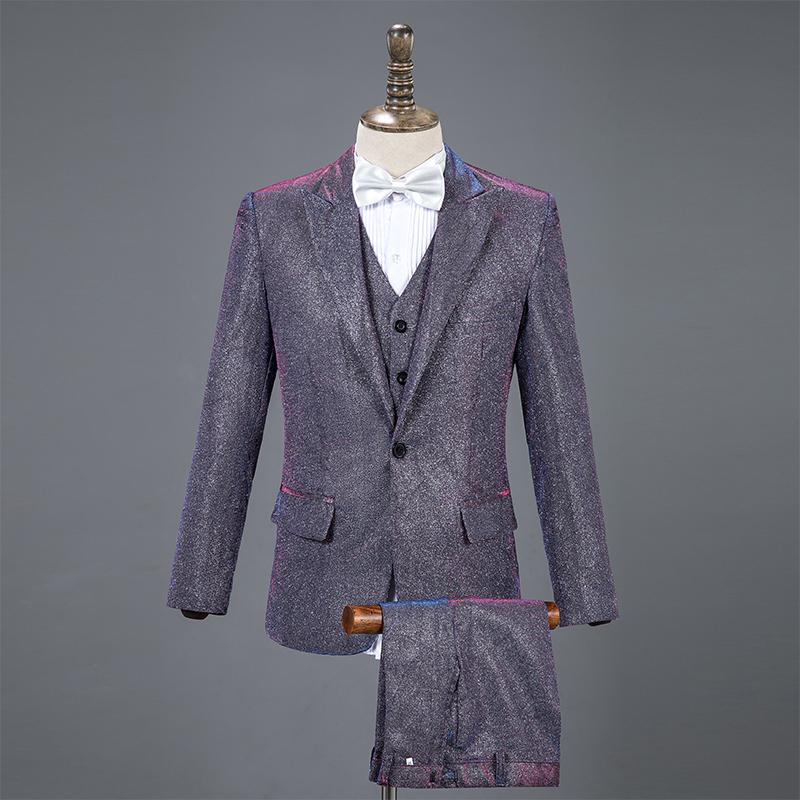 

Stage Suit Three-Piece Men'S Dress British Style Host Catwalk Show Nightclub Bright Silk Costume Singer Performance Suit VDB887, Blue