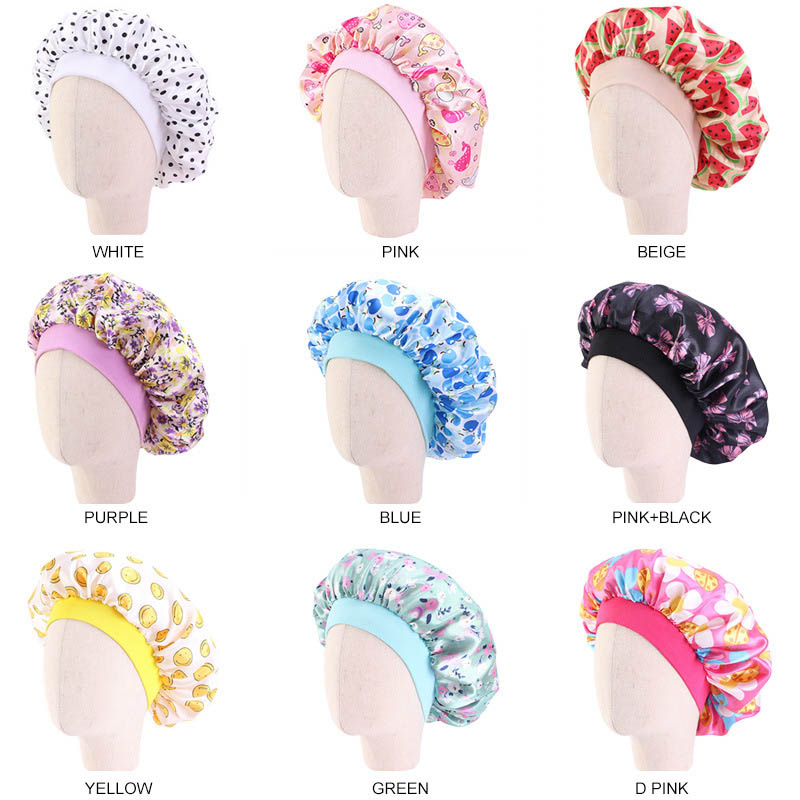 

Children Printed Tinted Sleeping Cap Baby Elastic Hair Care Hat Imitation Silk Round Bonnet 9 Colors, Multi