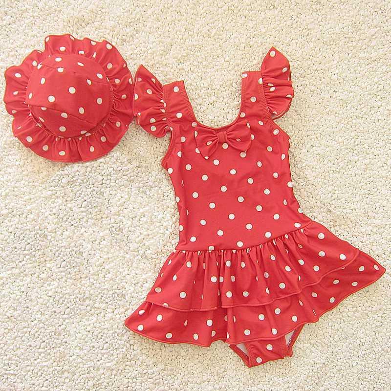 

Baby Girls Swimsuits One Piece Swim Suit And Cap Girls Cute Red Dot Swimwear Skirt Beachwear Summer 2020 Kids Bathing Suits 2-9Y1