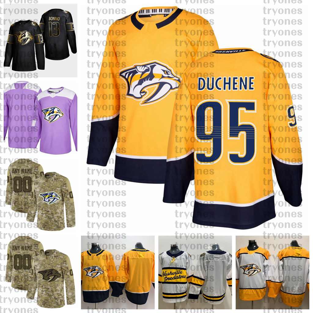 

2021 Customize #95 Matt Duchene Nashville Predators Jerseys Golden Edition Camo Veterans Day Fights Cancer Custom Stitched Hockey Jerseys, Yellow