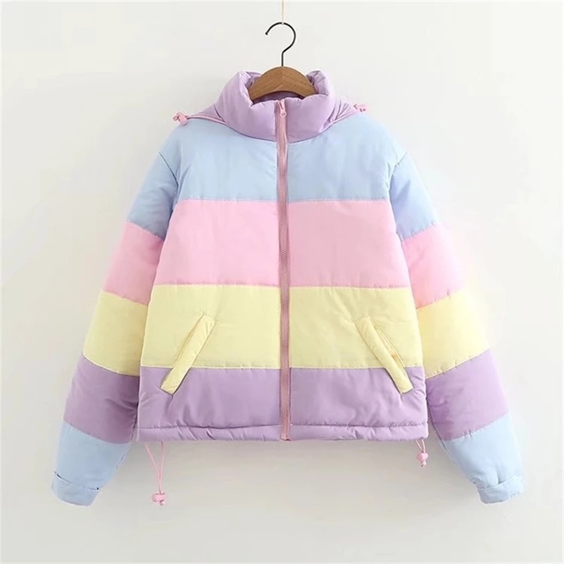 

Women Winter Rainbow Coat Oversize Parkas Casual Warm Cotton-Padded Jacket Striped Spring Autumn Clothing Splicing Fluffy Parka 201120, Thin coat