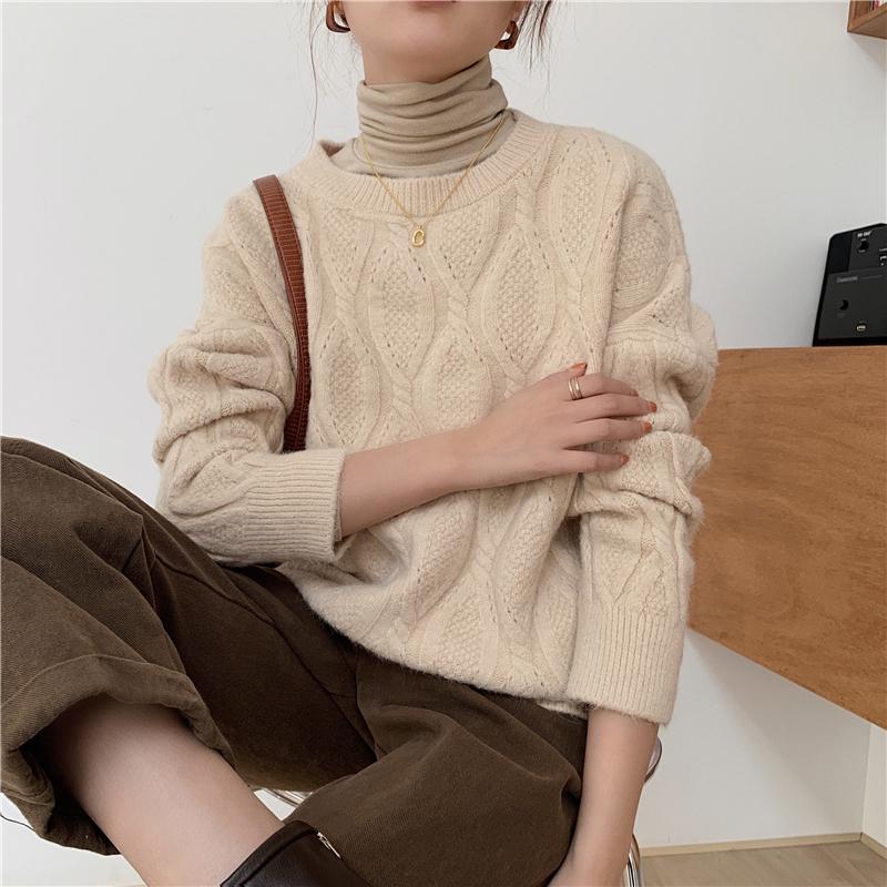 

2020 Winter New Solid Color Korean Fashion All-Match Pullover Sweater Loose Soft Thick Twist Sweater Women, Green