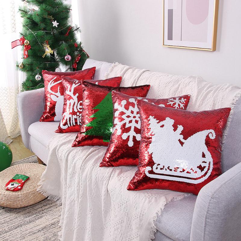 

hot sale Christmas AB face positioning embroidered sequin pillowcase Snowflake deer sofa pillowcase in stock, Lp0001