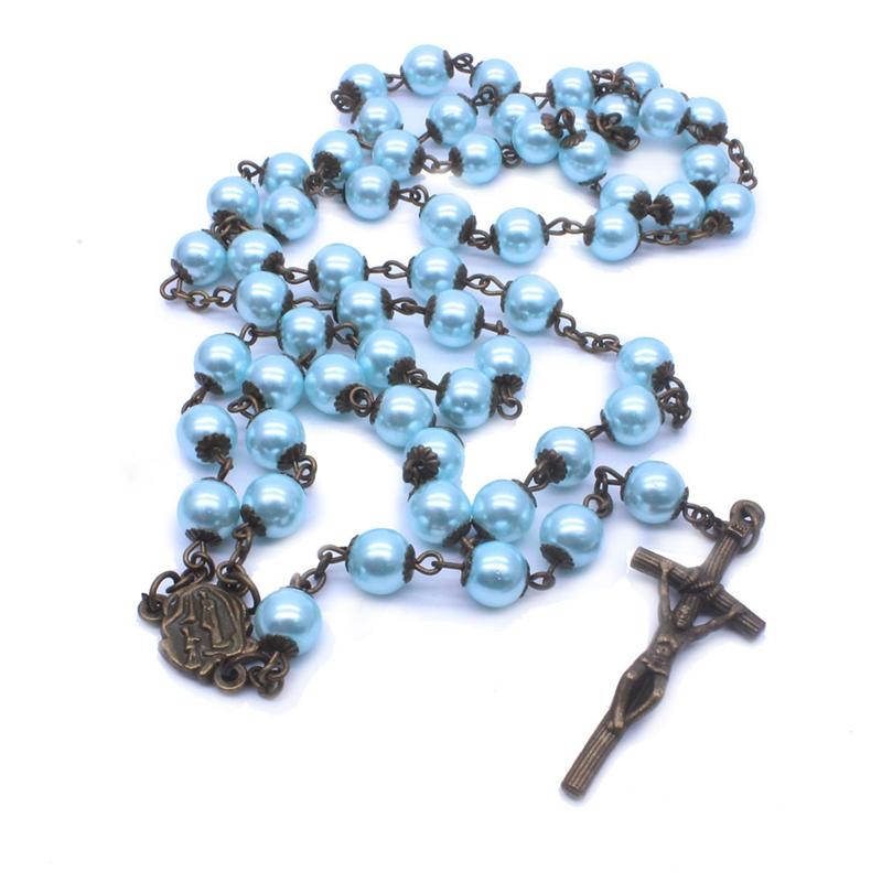 

QIGO Antique Glass Pearl Rosary Necklace With Cup Catholic Prayer Jewelry