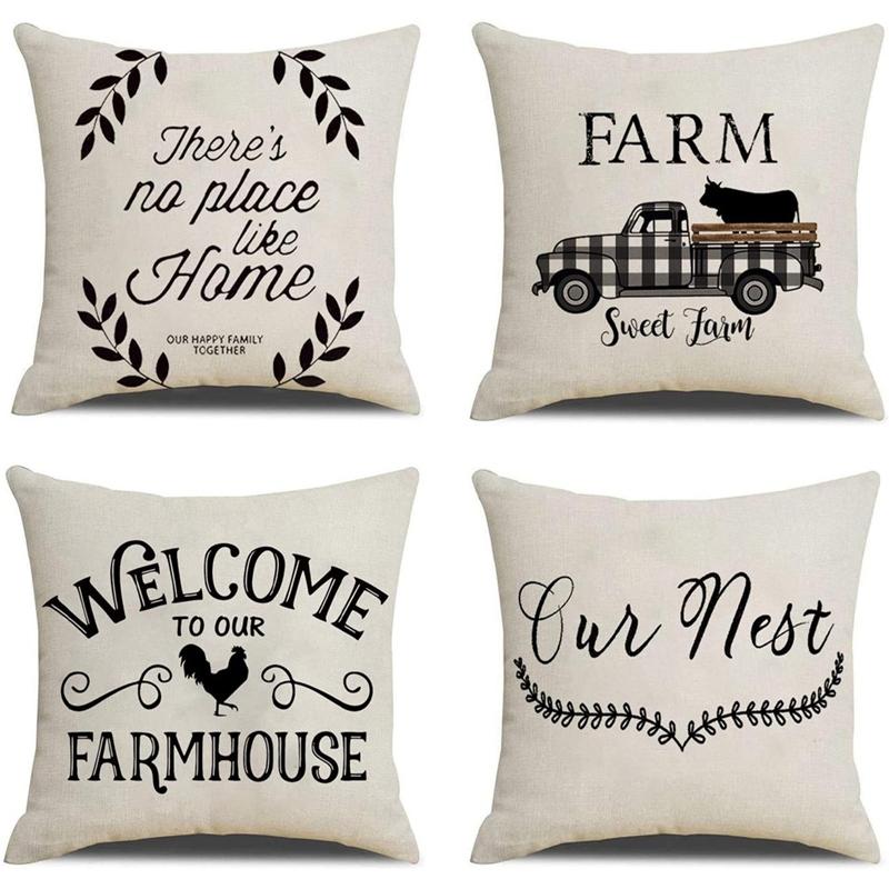 

Farmhouse Throw Pillow Covers Linen Rustic Farm Cushion Cover for Couch Sofa Bed 18X18 Set of 4 Farmhouse Decor Pillow Case, As shown