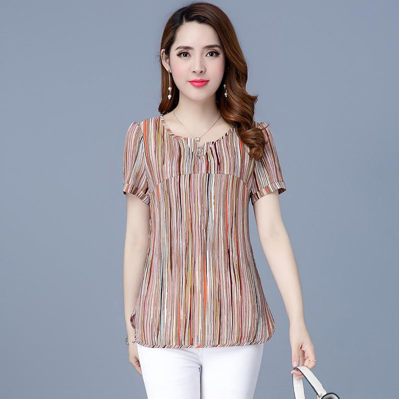 

Women Spring Summer Style Chiffon Blouses Shirts Lady Casual Striped Yellow Green Short Sleeve Blusas Tops DF2641 Y200623