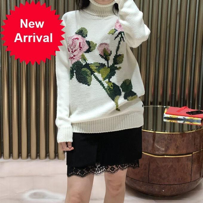 

New Autumn 2021 New Floral Turtleneck Retro Elegant Pink Jacquard Pullover Women's Fashions Long Sleeve Top 2O8H, Beige