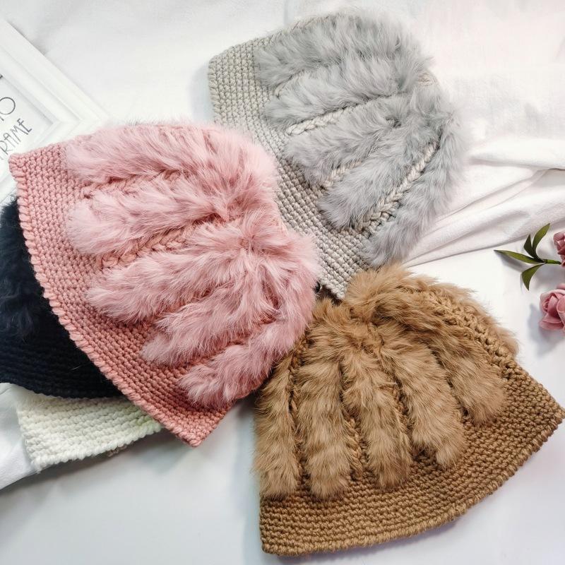 

Autumn Winter Hat Women New Comfort Rex Hat Thickened Warm Knitted Women Fur Wool