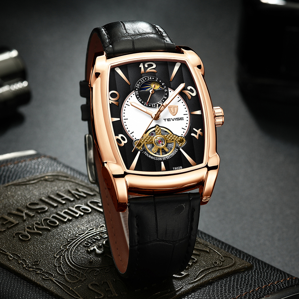 

TEVISE Mens Watches Moon Phase Tourbillon Mechanical Watch Men Leather Luminous Sport Wristwatch Relogio Masculino, Blue