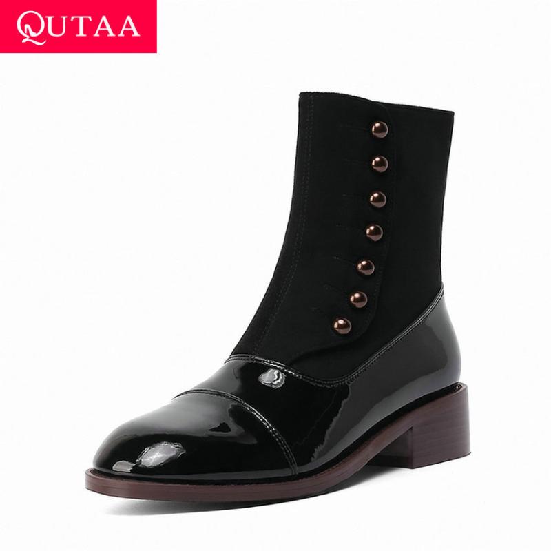 

QUTAA 2021 Autumn Winter Square Heel Ankle Boots Cow Leather Flock Zipper Ladies Shoes Round Toe Women Long Boots Size 34-39, Beige