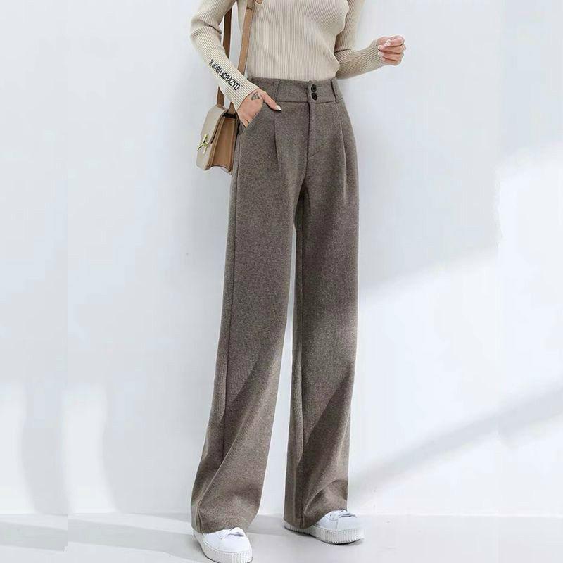 

2021 Women Autumn Winter Slim Woolen Straight Pants Lady Slim High Waist Oversize Wide Leg Trouser Female Casual Solid Pants H37, Black