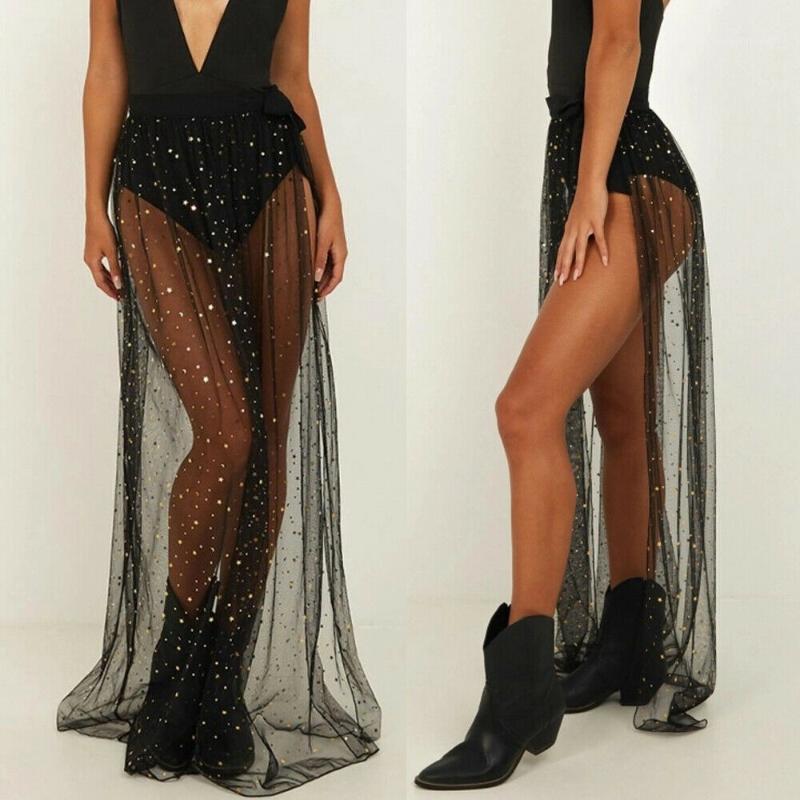 

2020 New Women Sexy shiny sequins Bikini Cover up Swimsuit Summer lady Elastic waist Mesh Maxi Wrap Skirt Sarong Pareo Beachwear1, As pic
