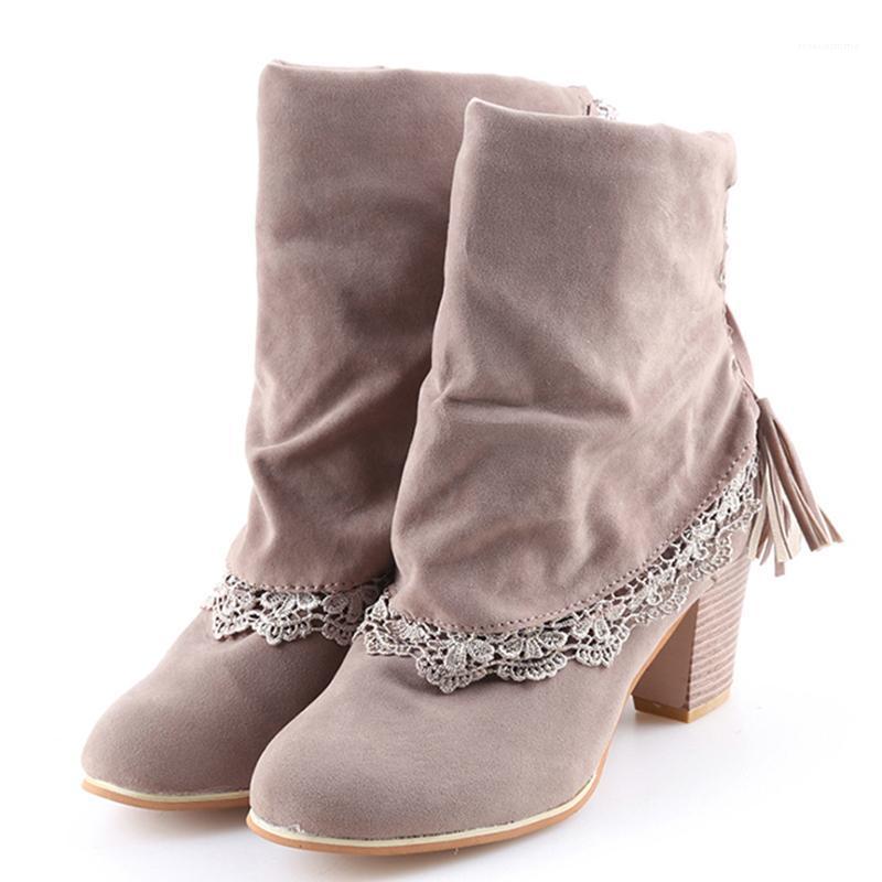 

Winter boots women Short Boots Sued Leather Round Toe Ankle Sexy Lace Ladies 7cm High Heels Tassel Shoes ankle1, Black