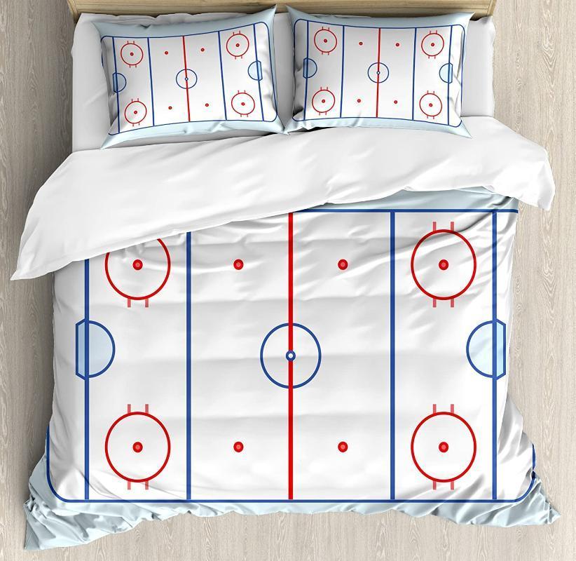 

Hockey Duvet Cover Set Ice Hockey Field in Blue Tones and Red Graphic Outline for Sport Events Bedding Set Blue Red Pale1, As pic