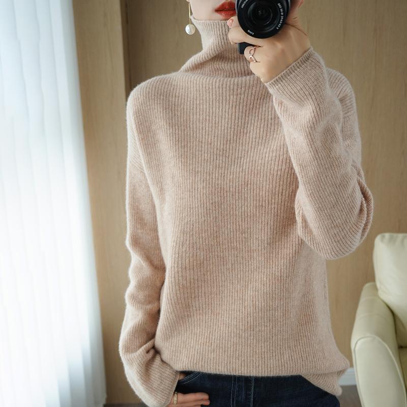 

Autumn and winter new style 100% pure wool sweater women high neck loose and thin cashmere sweater pure color pullover, Purple