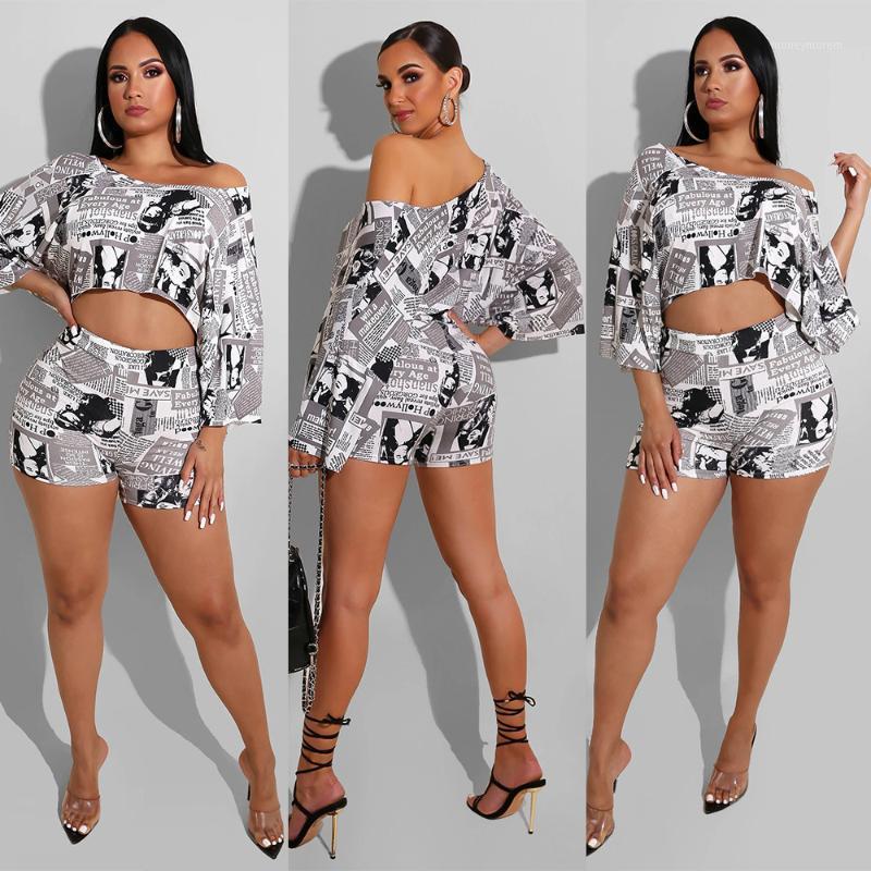 

Sexy fashion women' newspaper letter T-shirt oblique shoulders cropped top and hip shorts two-piece suit1, White