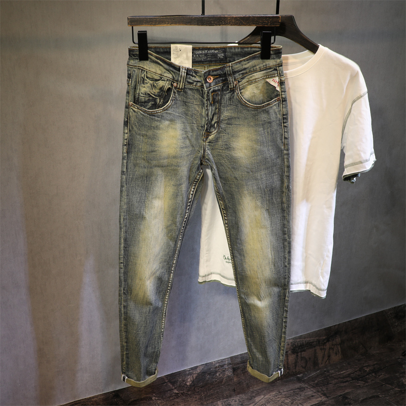 

2021 New Italian Style Fashion Retro Washed Elastic Slim Fit Men Stretch Denim Pants Streetwear Vintage Designer Jeans 6pda, Retro yellow