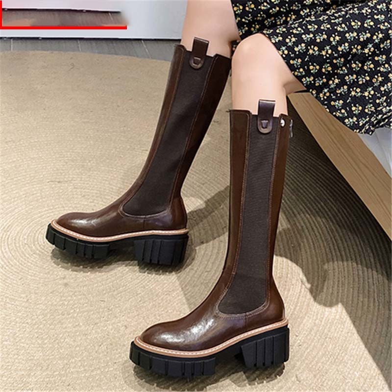 

MORAZORA 2020 botas saltos quadrados couro Genuno das senhoras da plataforma dedo do p redondo sapatos de inverno manter quente na, Dark brown