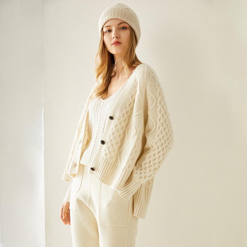 

Autumn winter new female v-neck cardigan 100% pure cashmere vertical stripe single breasted sweater knitted short coat, Ivory