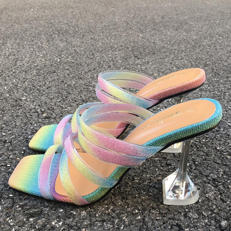 

2021 Sandals Women Summer High Heels Mules Candy Color Strip Square Toe Slip On Wedding Party Sandalias Mujer Shoes Plus Size 46, Purple