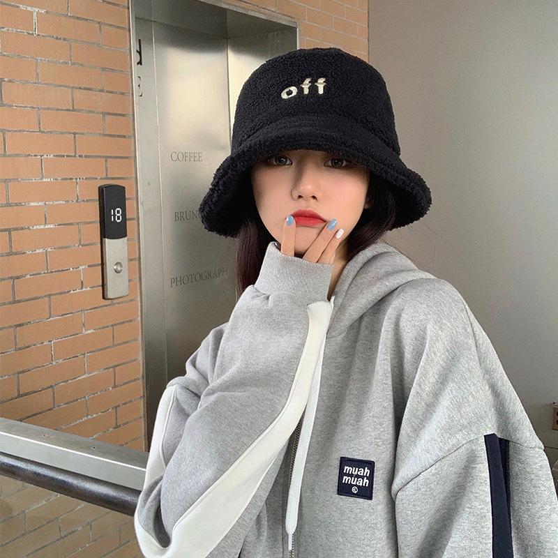 

2020 New Bucket Hat Women Winter Cashmere Fisherman Cap Solid Color Korean Letter Embroidered Fashion Flat Thick Warm, White