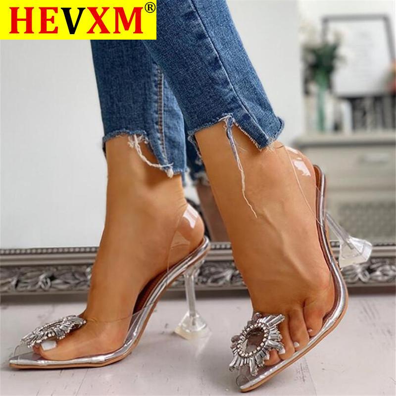 

2021 Silver PVC Transparent Women Pumps Crystal Pointy Toe High Heels Shoes Woman Perspex Spike Heel Back Strap Pumps Sandals, Silver 7cm