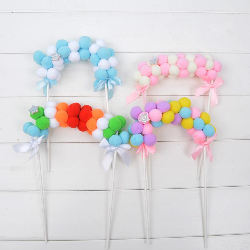 

1pc Rainbow Color Fluffy Ball Arch Party Cake Decor Ice-cream Dessert Toppers Picks Kids Birthday Party Wedding Festival Decor1