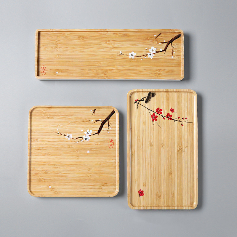 

2021 New Rectangle Square Flower Pattern Storage Plate Bamboo Bread Fruit Dishes Saucer Tea Tray Dessert Dinner Plates 3600