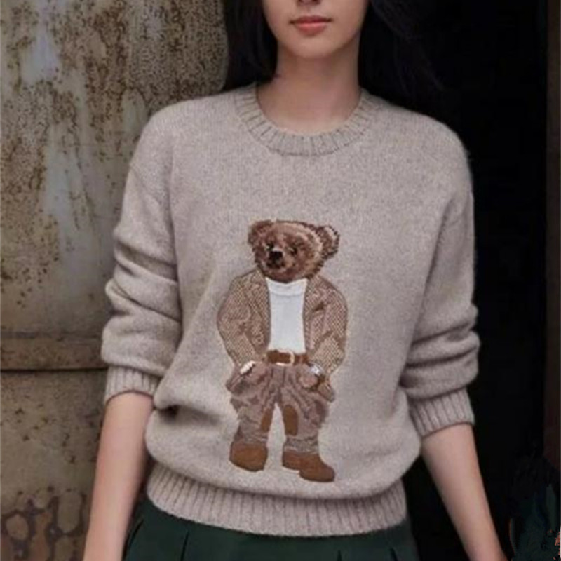 

2020 Winter Women's Sweater Fashion Khaki Thick Warm Cartoon Bear Jacquard Knitted Sweaters Women Pullover Jumper, White;black