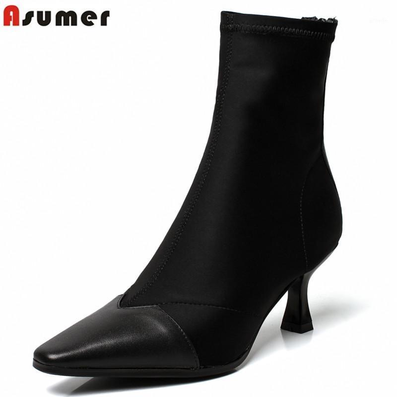 

ASUMER 2020 New arrive high quality Stretch Fabric+genuine leather boots women autumn shoes zip high heels ankle boots for women1, Wine red 6cm heel