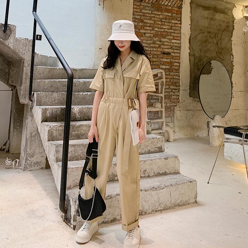 

Summer Jumpsuit Women Short Sleeve Shirt Style One Piece Straight Harem Pants Female Streetwear Hip Hop Loose Overalls Romper, Khaki