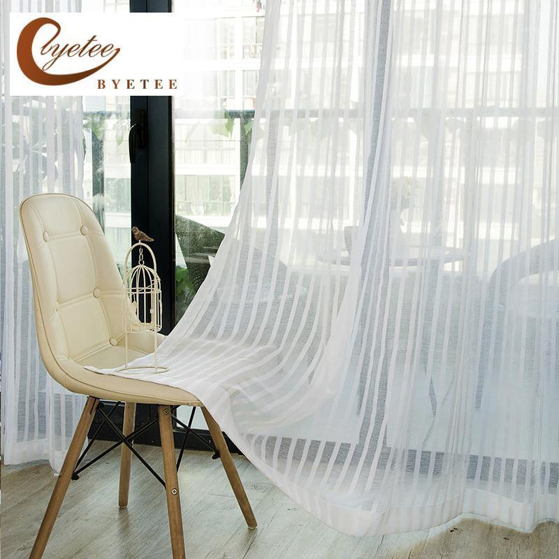 

byetee] Window Curtain Screen Stripe Gauze Tulle Kitchen Sheer Organza Voile Curtains Striped Drapes For Bedroom Living Room1