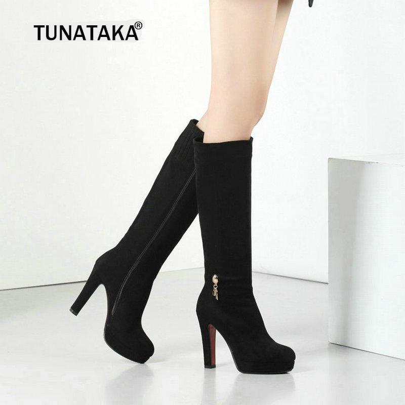 

Women Flock Knee High Boots Square High Heel Fashion Platform Boots Crystal Zipper Autumn Winter Female Shoes 2020 New1, Black
