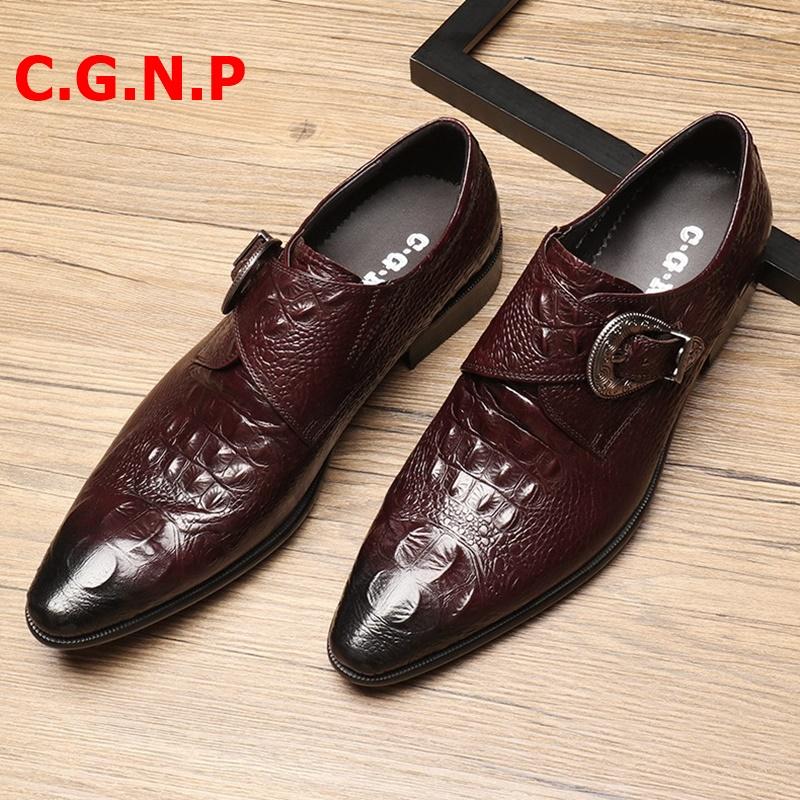 

C.G.N.P Autumn Crocodile Pattern Genuine Leather Shoes Men Pointed Toe Buckles Formal Shoes Handmade Office Wedding Dress, As picture