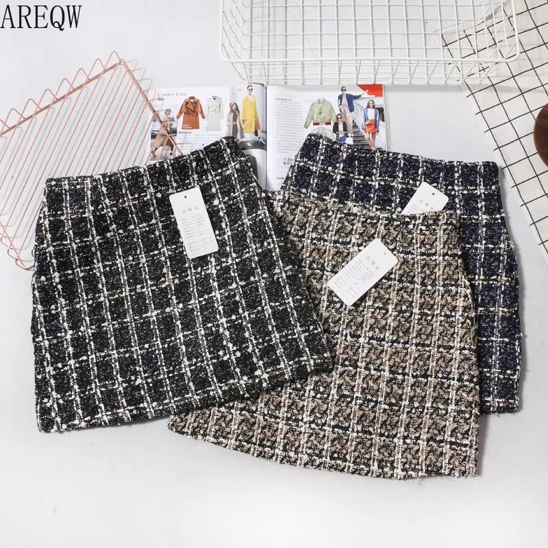 

Black Tweed Skirt Autumn Winter Women Korean Elegant Plaid Jupe Femme Cute Bottoms for Ladies A Line Short Mini Skirts 201110, Khaki
