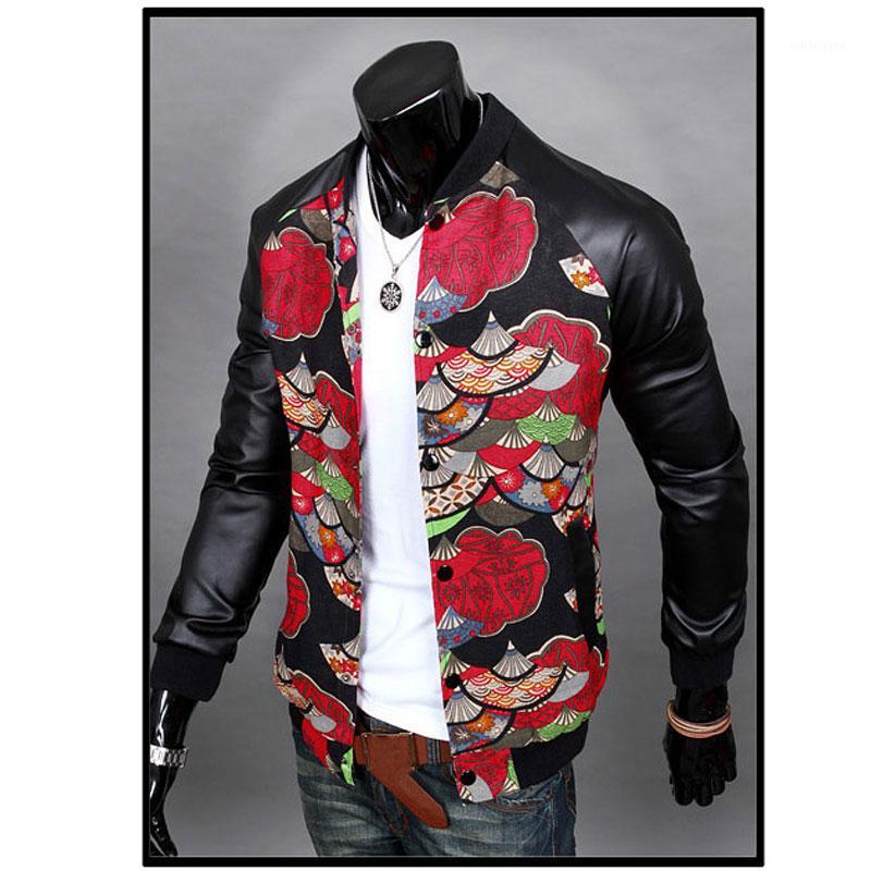 

Personality Mens Floral Leather Jacket Coats Casual Slim Fit 2017 Flower Outerwear Stand Collar Fashion Clothes Zipper M-2XL1, Red